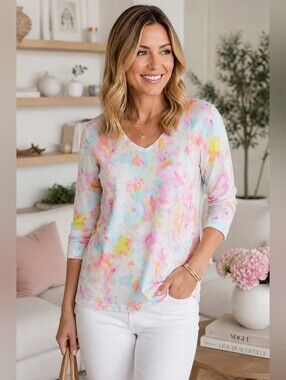 EDINBURGH KNITWEAR Pima Cotton Watercolor Lightweight Sweater Women's V-Neck